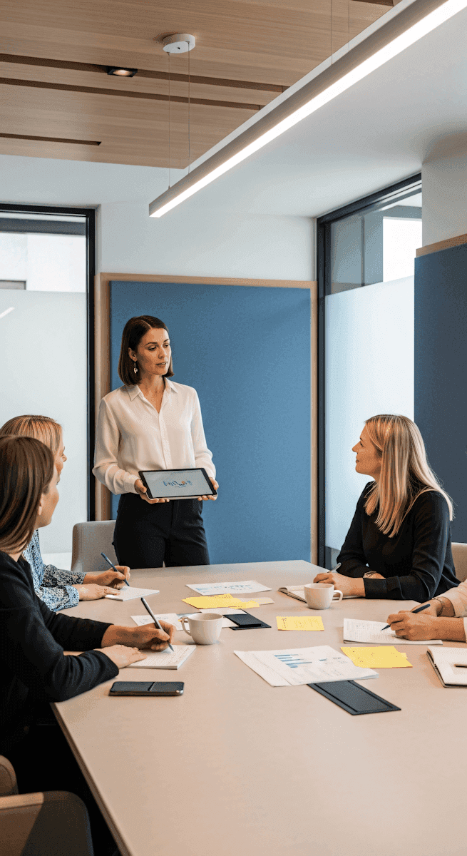 Riunione di lavoro in una sala riunioni moderna.