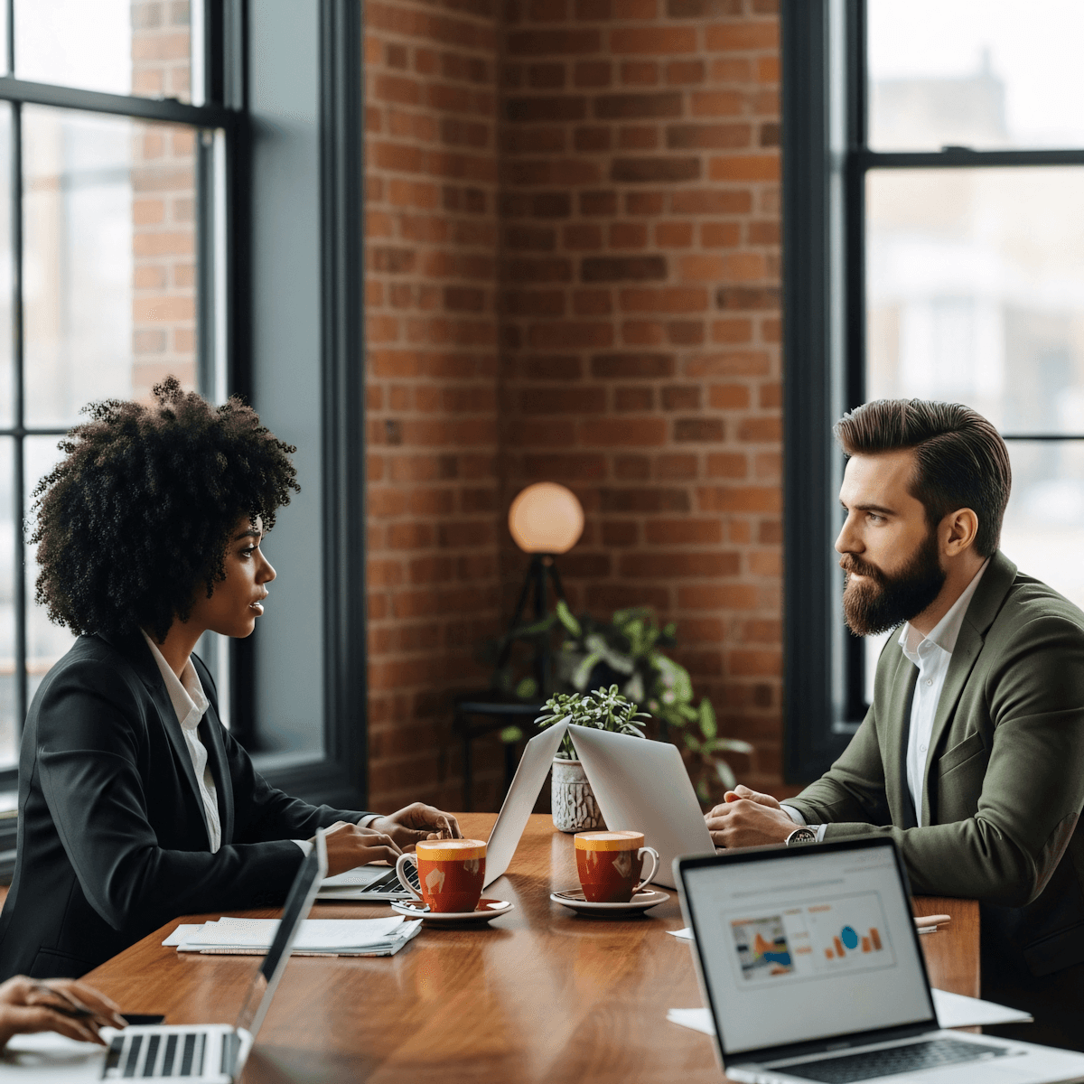 Due professionisti al lavoro con i portatili in un ufficio.