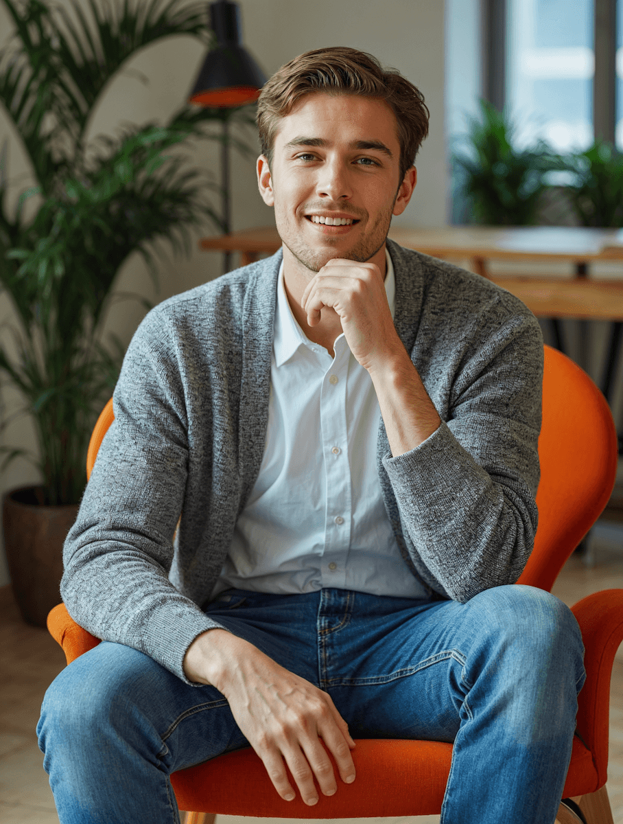 Portrait of a young man seated on an orange chair in a modern office setting.